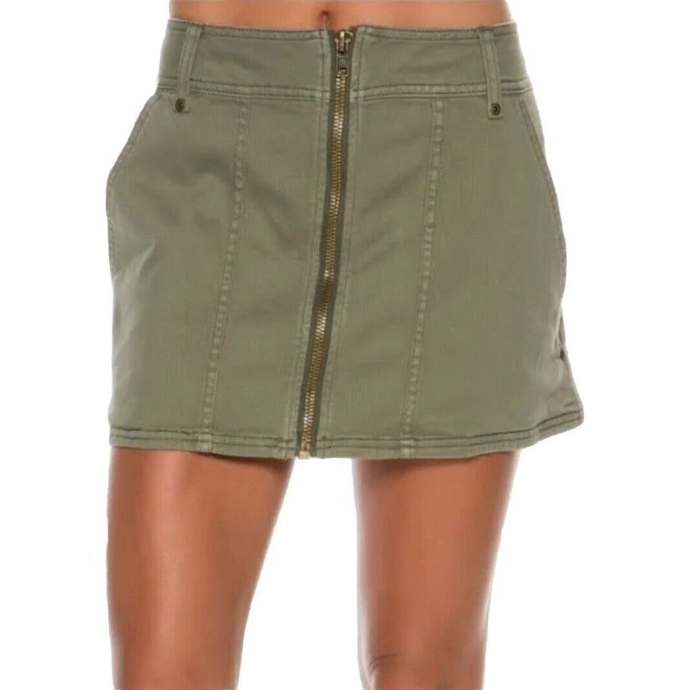 FREE PEOPLE Sz 12 Too Cool Military Skirt Army Green Full Zip Stretch EUC - Picture 7 of 10